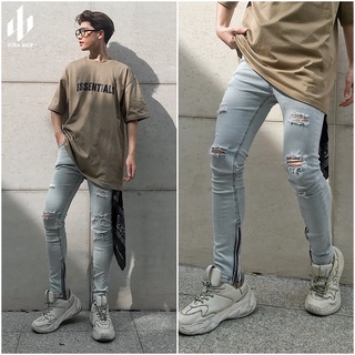 {Freeship +Voucher 20k} QUẦN JEANS NAM SKINNY XANH RÁCH GỐI ỐNG ZIPPER (ảnh thật 100% RGX4)
