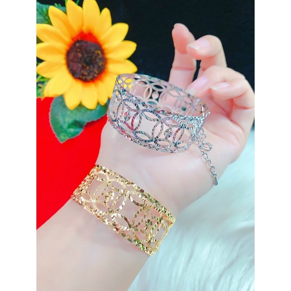 Vòng tay nữ kiểu chạm bản lớn dát vàng 18 dát bạch kim cao cấp mẫu mới siêu đẹp