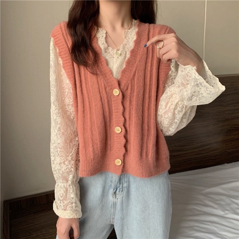 Áo Len Gile Nữ ghile Cổ V Basic Màu Trơn Có Cúc LUHAZO Kiểu Hàn Quốc Ulzzang thời trang K-9
