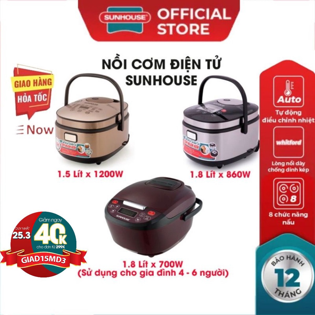 Nồi cơm điện cao tần SUNHOUSE HTD8521P-2022 1.5L 1.8L chống dính thông minh thân nồi inox siêu bền giữ nhiệt tốt