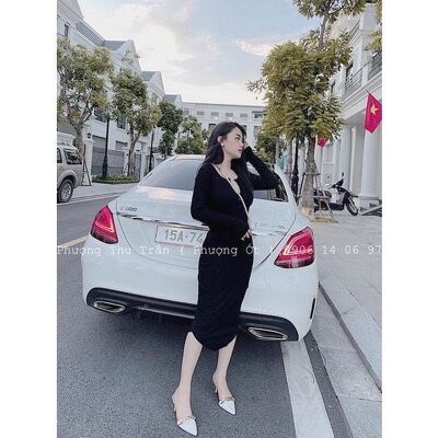 Váy tăm cổ khuy túi ngực dáng dài