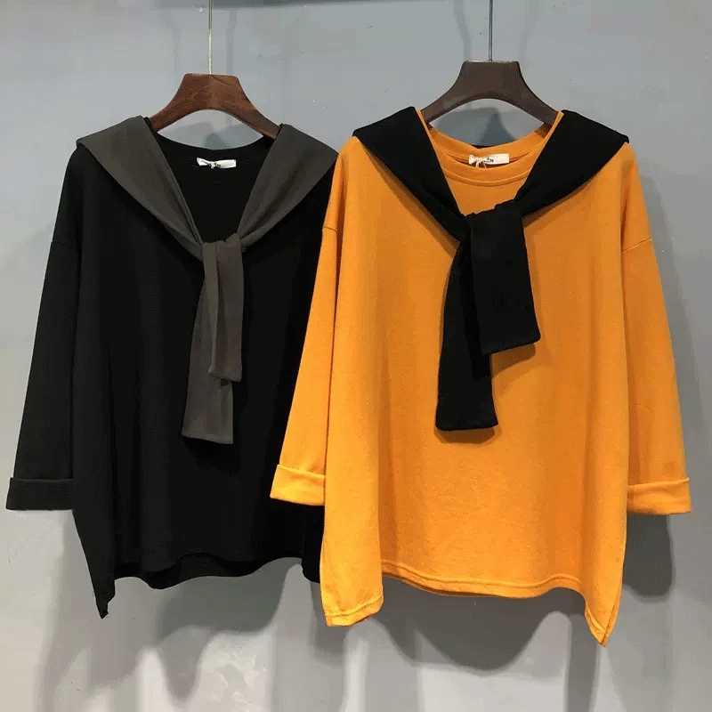 Set Áo Thun Tay Dài Dáng Rộng Màu Sắc Trơn Phối Khăn Choàng Thời Trang Mùa Thu Cho Nữ