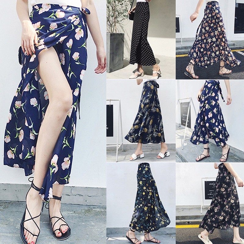 Chân váy hoa dài đi biển phong cách retro