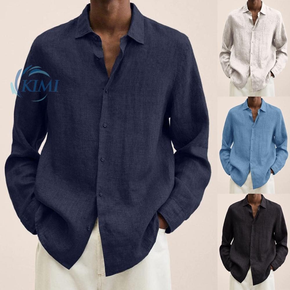 KIMI-Mens Long Sleeve Soild Buttons Cotton Linen Casual Loose Tops Shirt Plus Size