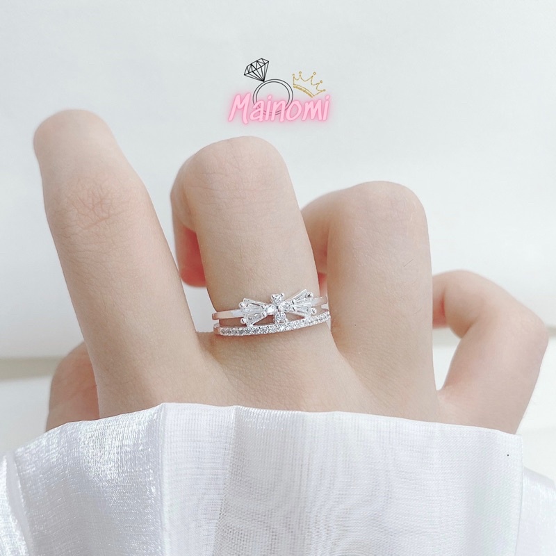 Nhẫn nữ hình nơ kép MAINOMI mã kèm quà tặng, xinh xắn chuẩn bạc thiết kế độc đáo