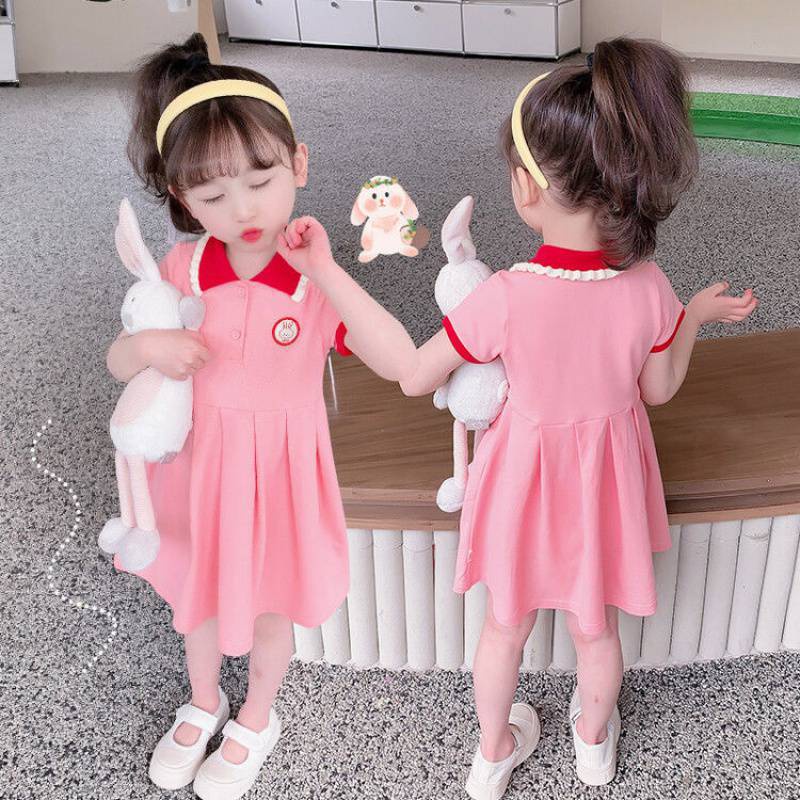 Đầm Công Chúa Tay Ngắn Cổ Bẻ Thêu Họa Tiết Thỏ Hoạt Hình Thời Trang Mùa Hè Cho Bé Gái