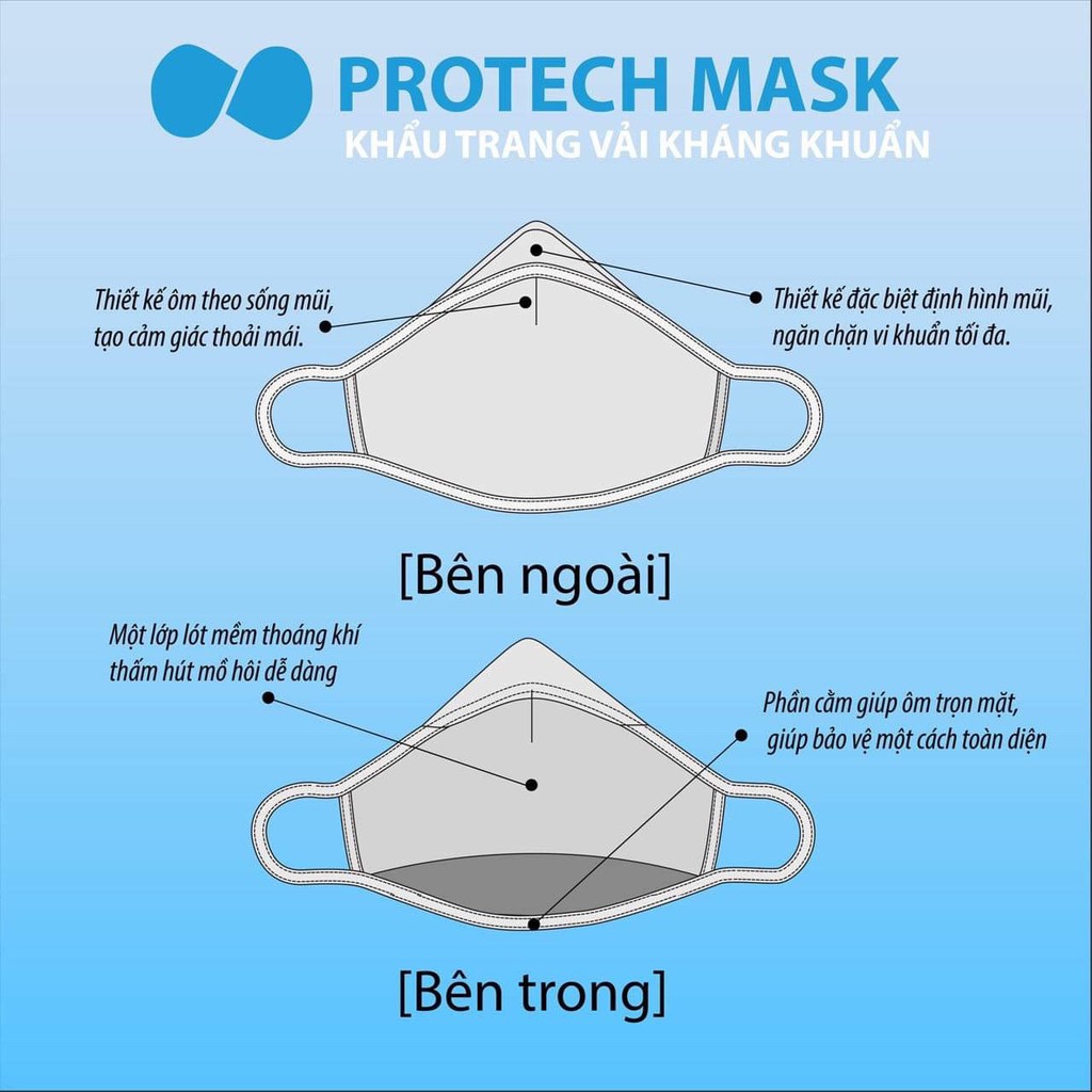 Chính hãng Protech Mask - Khẩu trang vải 3 lớp kháng khuẩn, lọc 99% bụi mịn, chống tia UV - Giặt tối đa 30 lần