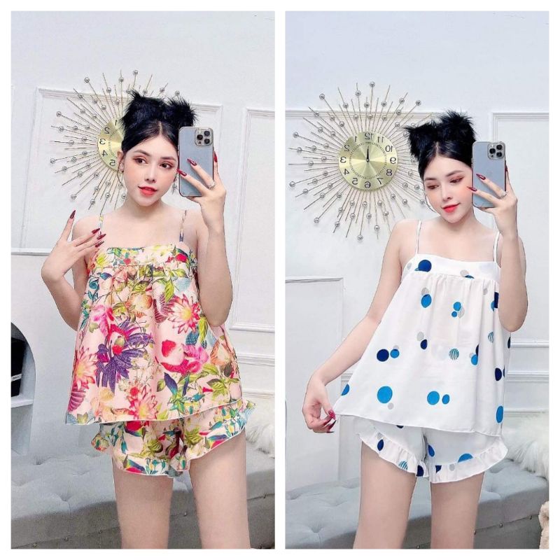 &lt;Ảnh Thật&gt; Đồ Bộ Lụa 2 Dây Mặc Nhà, Ra Đường Siêu Đáng Yêu