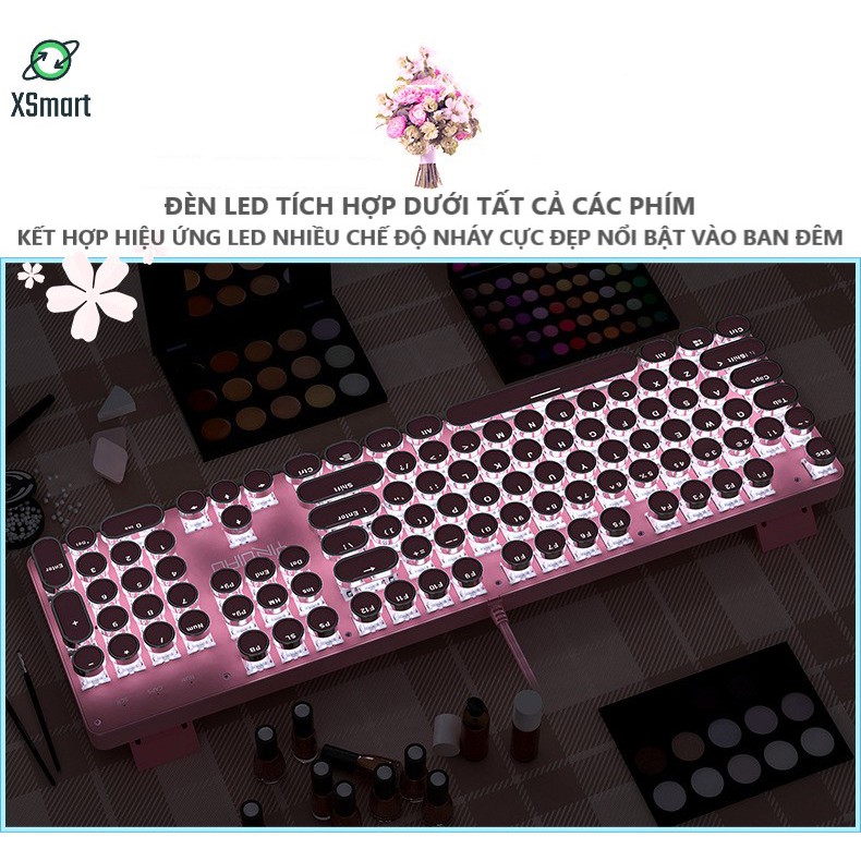 Bộ bàn phím CƠ viền CROM và Chuột màu Hồng led nhiều chế độ siêu đẹp T900 crom+V8 PINK tương thích máy tính laptop pc