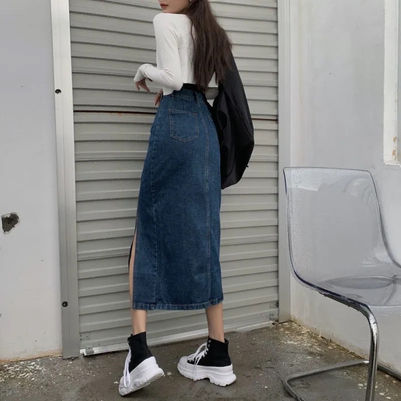 Chân váy bò Denim nữ màu xanh đậm và đen chất Jeans dáng dài xẻ tà cạp lưng cao hàng Quảng Châu phong cách Ulzzang Hàn