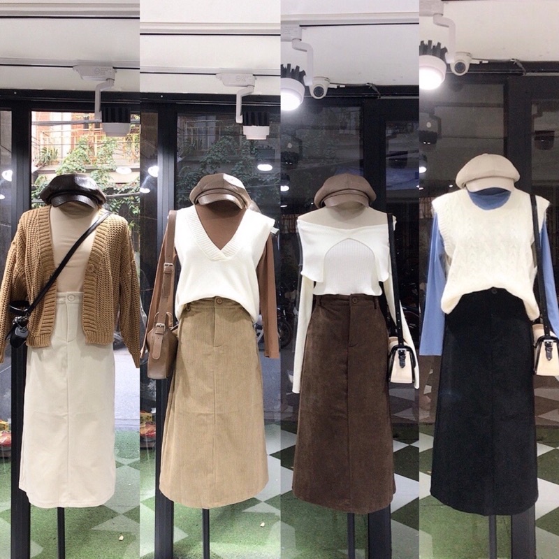 Chân váy nhung tăm dáng dài xẻ sau QC Loại 1