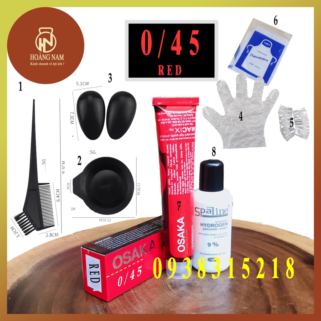 Combo 8 Món Tuýt OSAKA  0/45 RED + Oxy 9 +1 Bát Nhuộm + 1 Chổi Lược Nhuộm Tóc + 2 Chụp Tai Nhựa + 2 Chụp Tai Nilong