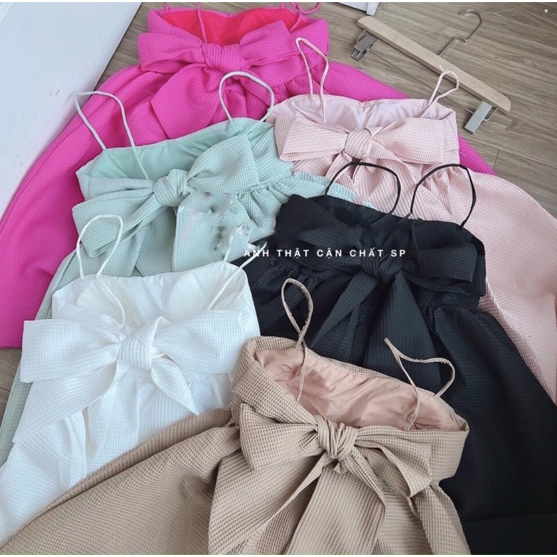 Đầm xoè hai dây babydoll nơ lưng hot hit có nhiều màu chất xốp thái cao cấp