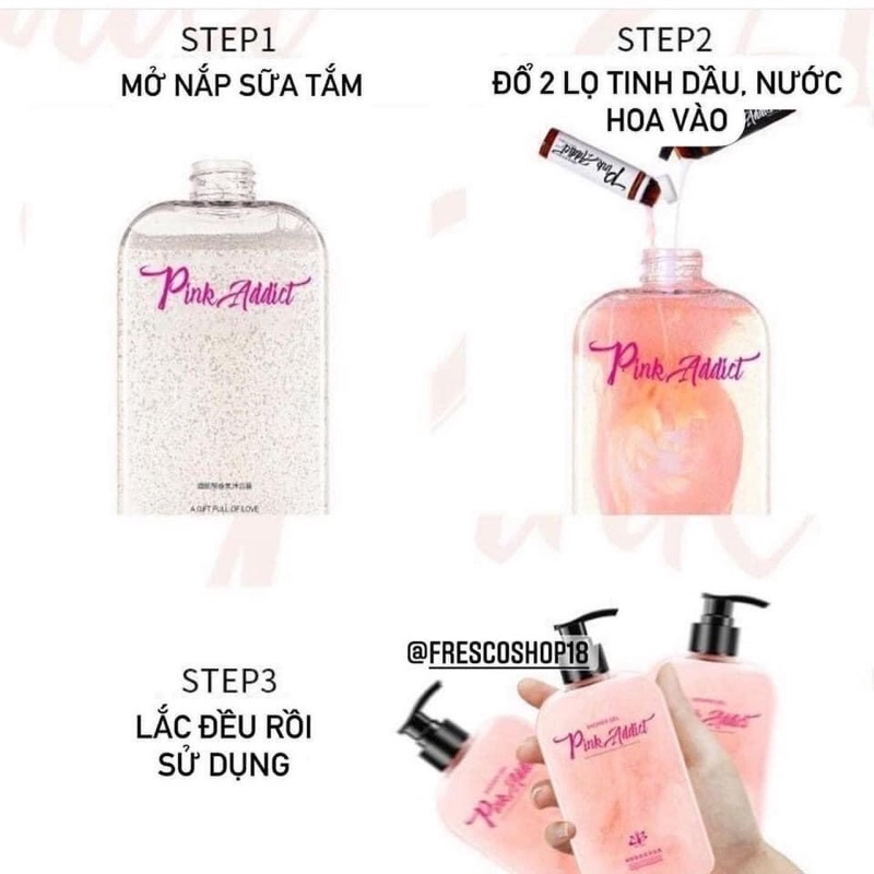 Sữa tắm PINK ADDICT hương nước hoa dưỡng trắng da , kèm tinh dầu, hộp fullbox