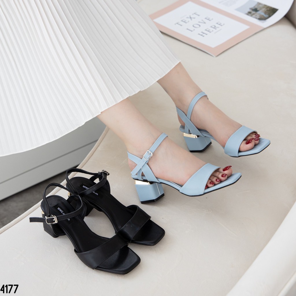 Giày Sandal Cao Gót MWC Đế Vuông 5CM Quai Ngang Màu Đen Xanh Siêu Xinh NUCG - 4177