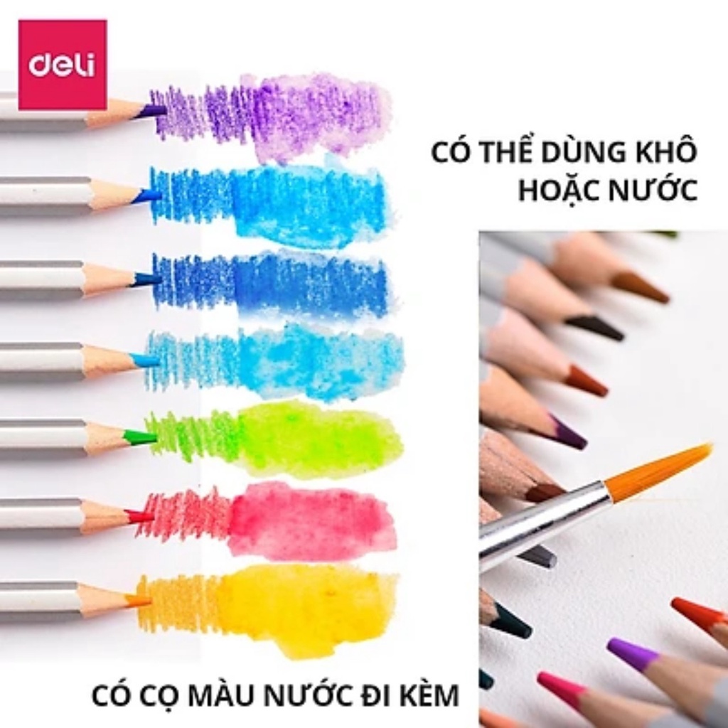 Bút chì màu nước gỗ trầm cao cấp Deli hộp thiếc kèm cọ tán. Bộ 24/36/48/72 màu 6521 / 6522 / 6523 / 6524