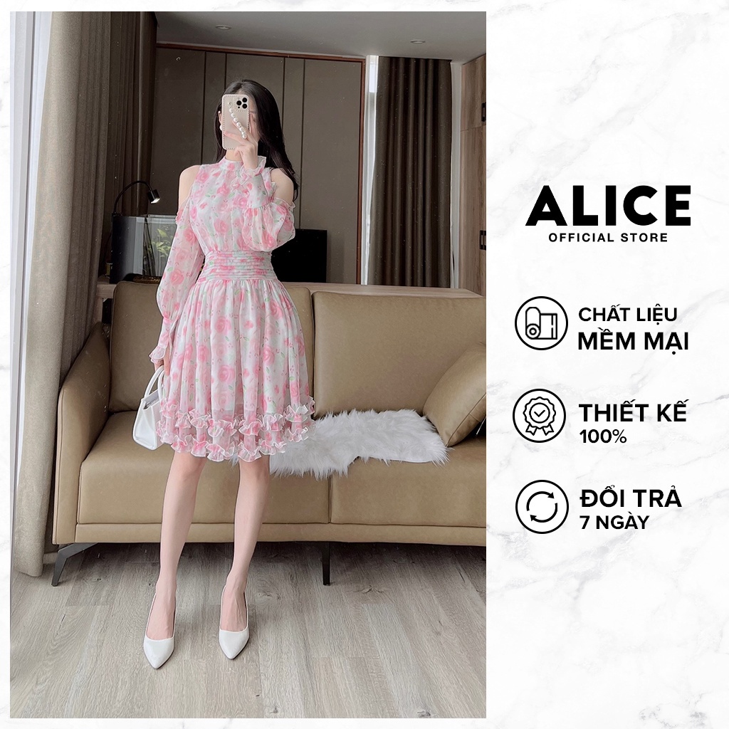 Váy Tiểu Thư Dáng Xòe ALICE Chất Tơ Óng Lót Lụa Mềm Mát Thiết Kế Cổ Tàu Khoét Vai Chiết Ly Eo V810