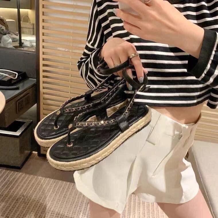 Sandal nữ cói đế bánh mỳ phối dây xích đế da trám đi êm chân bền đẹp