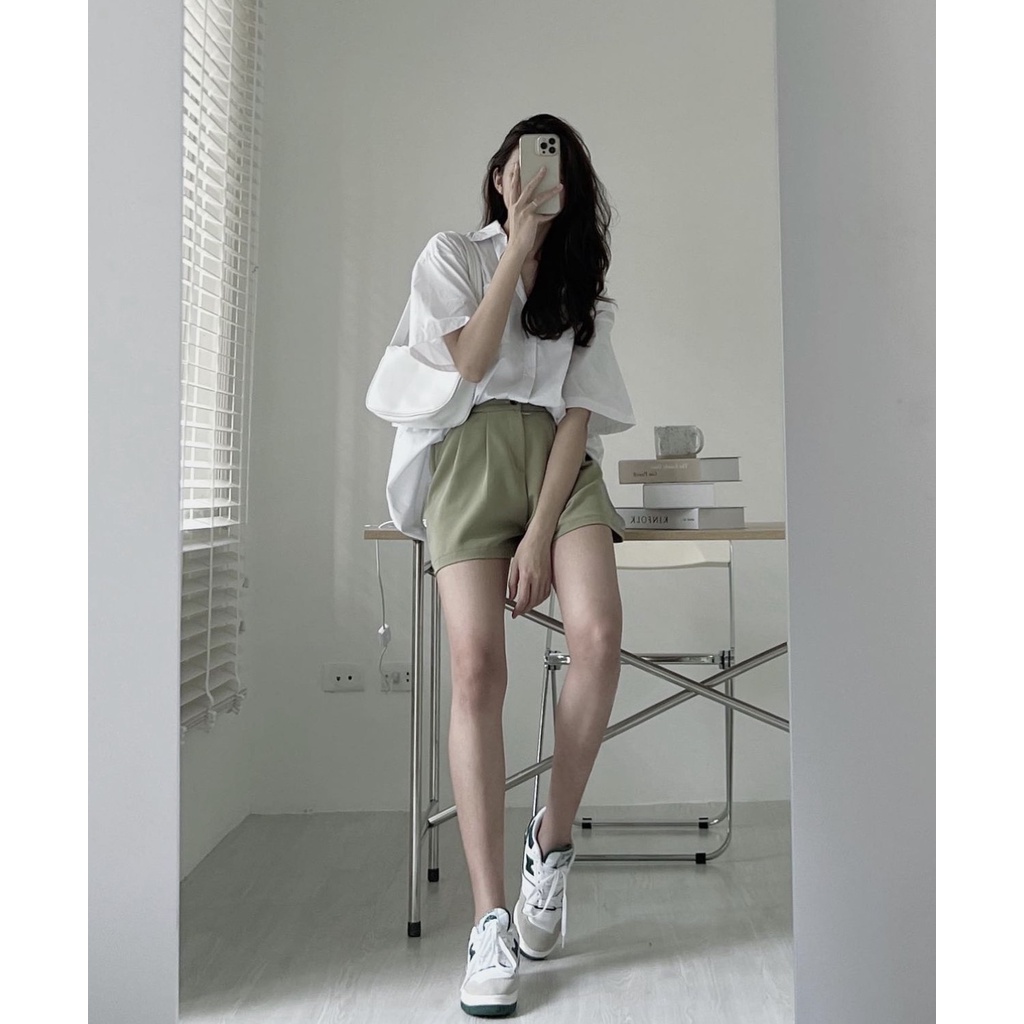 Áo Sơ mi thô trơn ngắn tay xẻ sau up