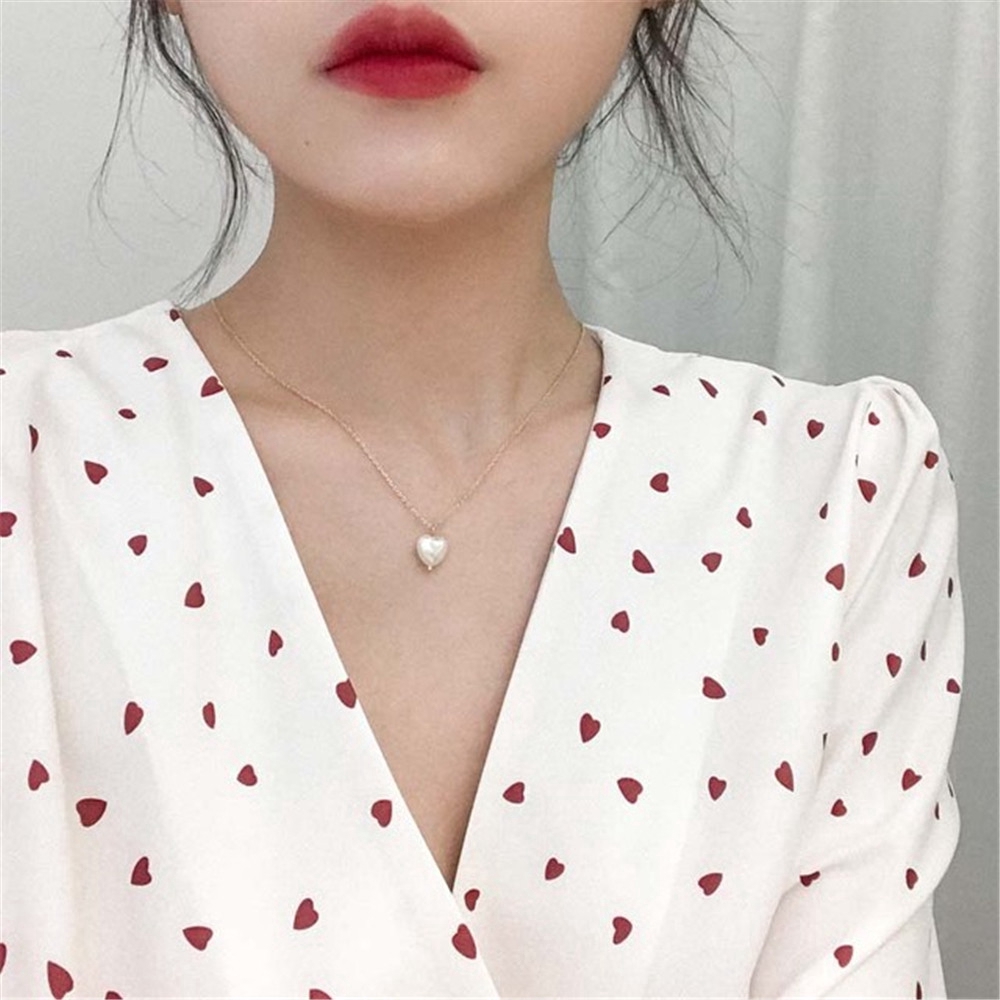 Dây Chuyền Mặt Trái Tim Đính Ngọc Trai Nhân Tạo Phong Cách Hàn Quốc Love Pendant Chain Necklaces