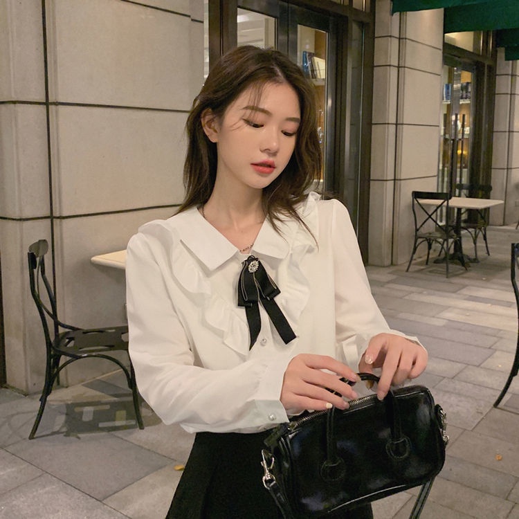 MỚI Áo sơ mi nữ tay dài màu trắng phong cách Hàn Quốc