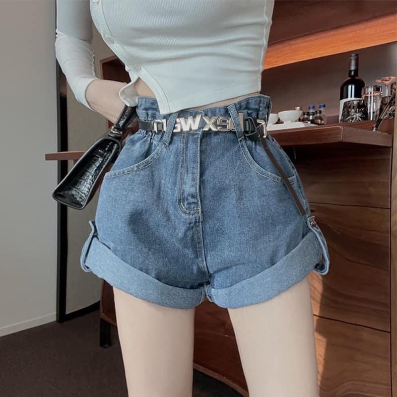Quần short jean nữ ống rộng lưng cao gấp gấu khuy sườn- sooc bò demin về 2 màu xanh khói phối chun eo hàn quốc