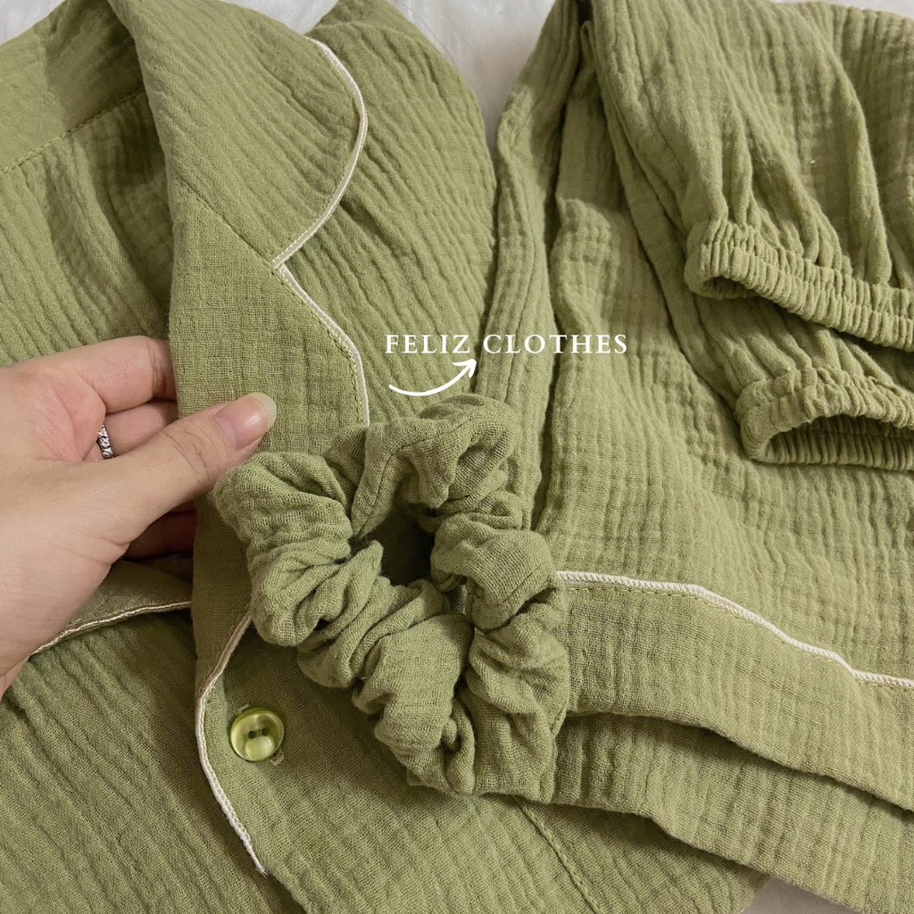 Pyjama xô muslin xanh matcha siêu dễ thương