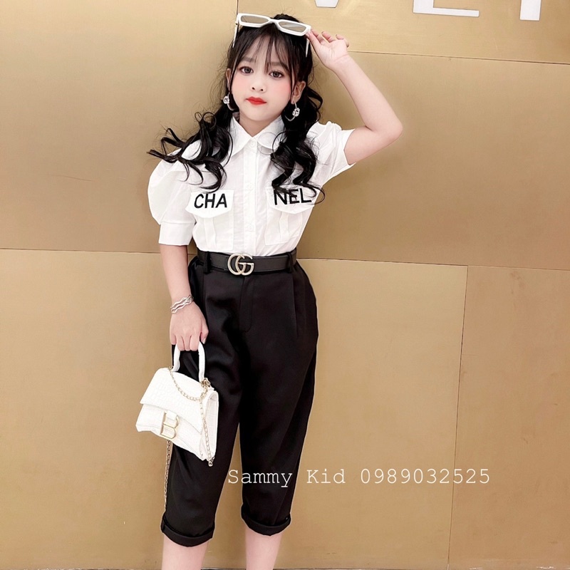 Set Sơ mi thêu cổ sen tay bồng Quần Baggy lỡ cho bé gái size đại 16-41kg basic nữ tính