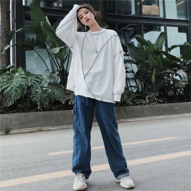 Áo sweater unisex thun chỉ ngược dáng rộng Ulzzang siêu chất