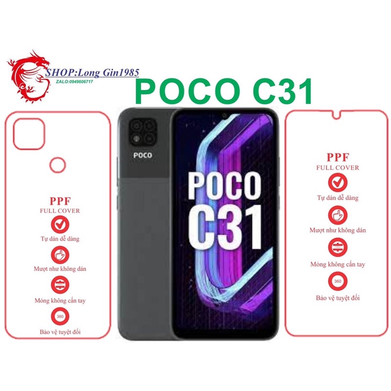 POCO C31 miếng dán trong Ppf mặt sau và mặt trước chống va đập chống trầy xước