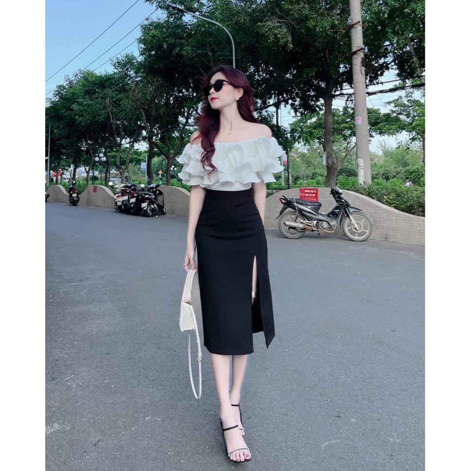 Sét áo trễ vai dập ly 3 tầng (có mút) mix chân váy dài xẻ tà quyến rũ