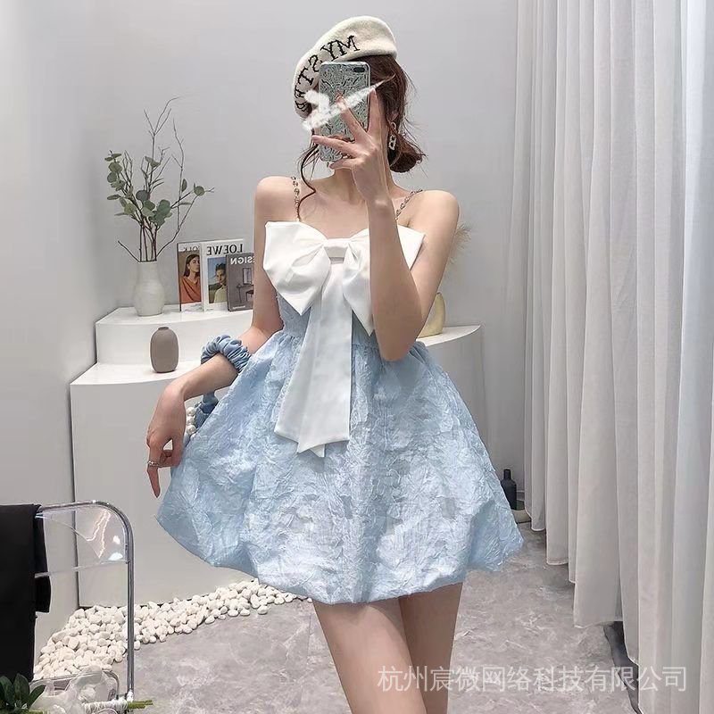 Đầm Hai Dây Dáng Chữ A Lưng Cao Đính Nơ Thiết Kế Ngọt Ngào Phong Cách Pháp Thời Trang Mùa Hè Mới Cho Nữ
