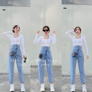 quần jeans baggy nữ lưng cao đai chéo sau thảo xinh shop tôn dáng