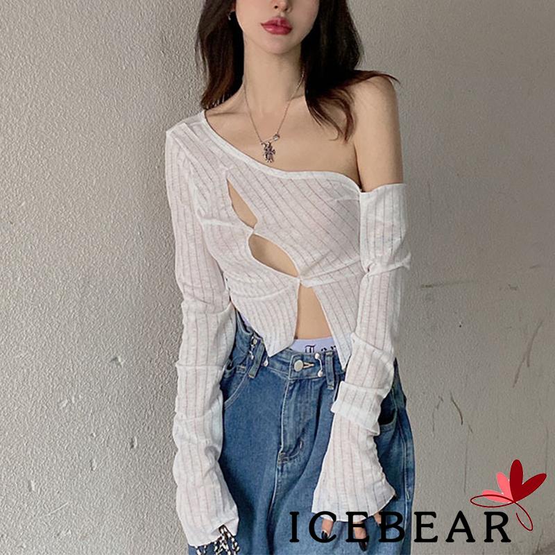 ICE-Women´s Cropped Tops Long Sleeve Striped Print Patchwork Casual Party Club Cutout Shirt