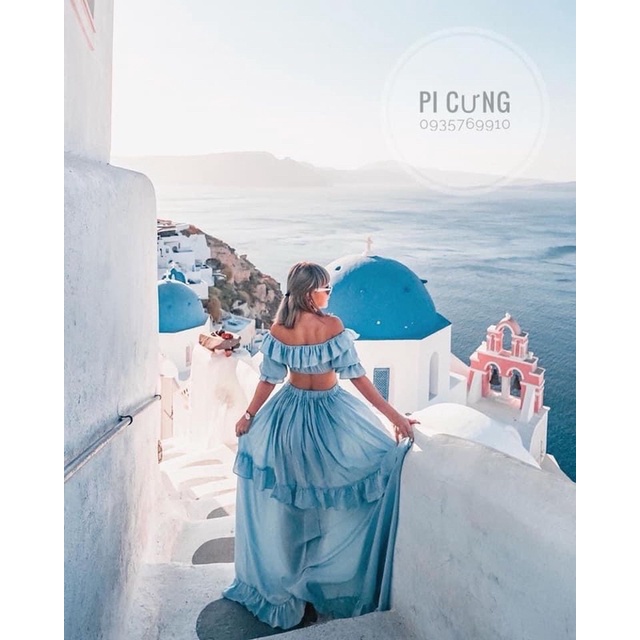 Set xanh biển trễ vai