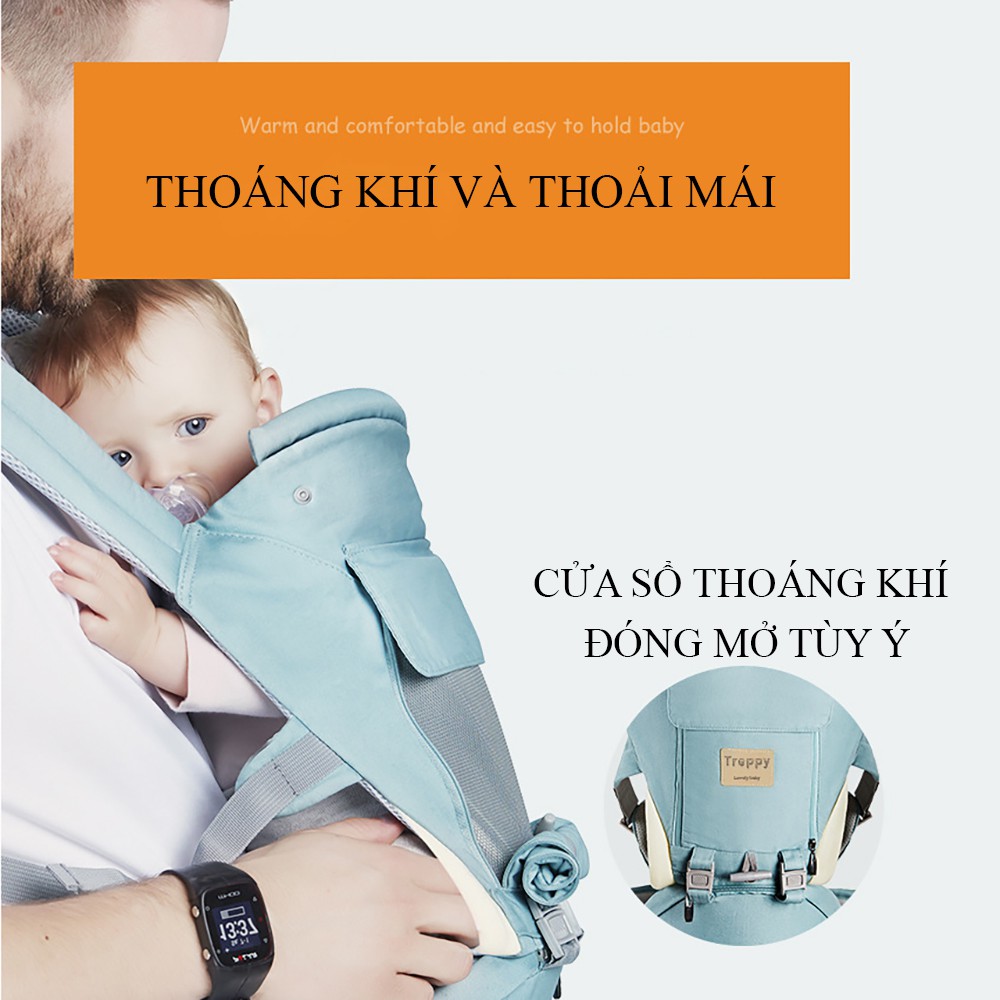 Địu em bé Treppy có bệ ngồi, ngăn chứa đồ, siêu thoáng khí, chắc chắn, an toàn- Đai địu ngồi đa năng 12 tư thế cho bé