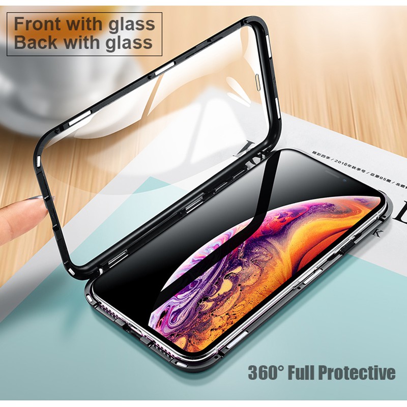 Ốp điện thoại mặt kính cường lực viền khung kim loại từ tính cho iPhone 6 7 8 Plus