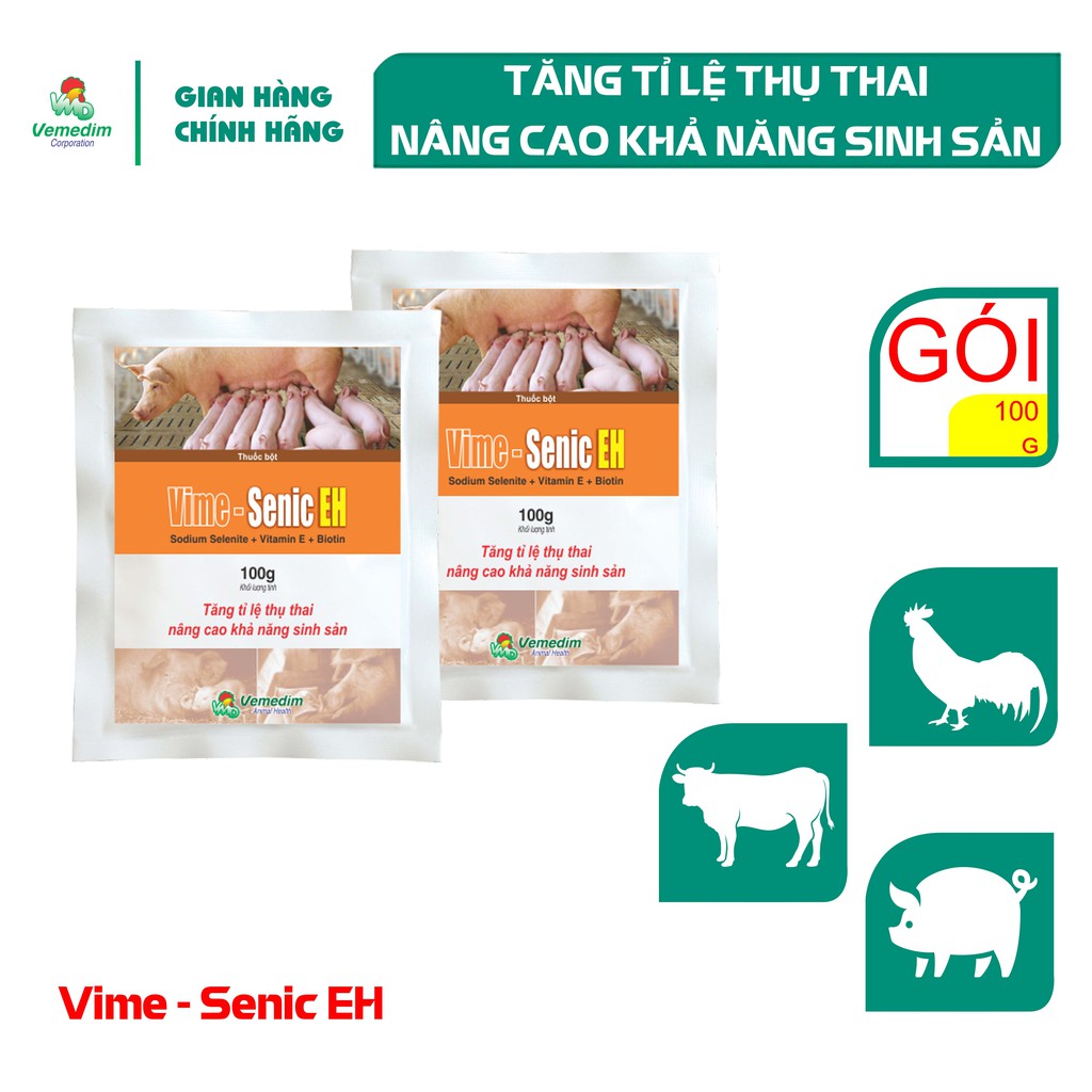 Vemedim VIME-Senic EH Tăng tỉ lệ thụ thai, khả năng sinh sản cho gia súc, gia cầm, set 5 gói 100g
