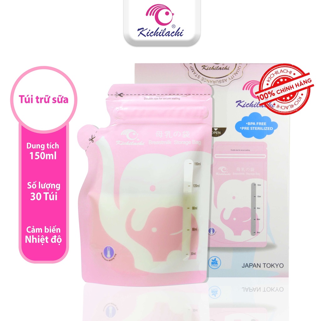 Hộp 30 túi trữ sữa Mẹ cảm ứng nhiệt có vòi rót 150ml Kichilachi Kichi / MamiCare - K30V (Công nghệ Nhật)