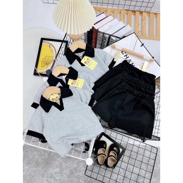 Sét áo polo chữ v cổ bẻ kẻm chân váy xẻ cách điệu cotton loại 1 cho bé gái từ 10-20kg💋