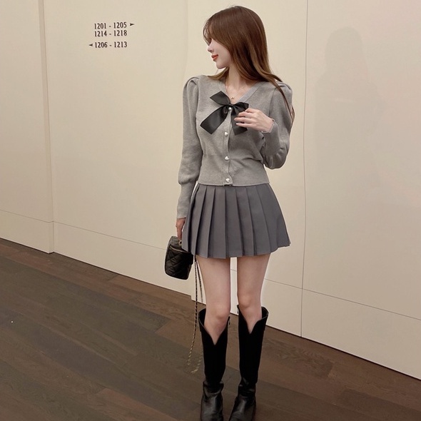 Áo khoác cardigan ZHELIHANGFEI dệt kim tay dài dáng ôm đính nơ xinh xắn thời trang