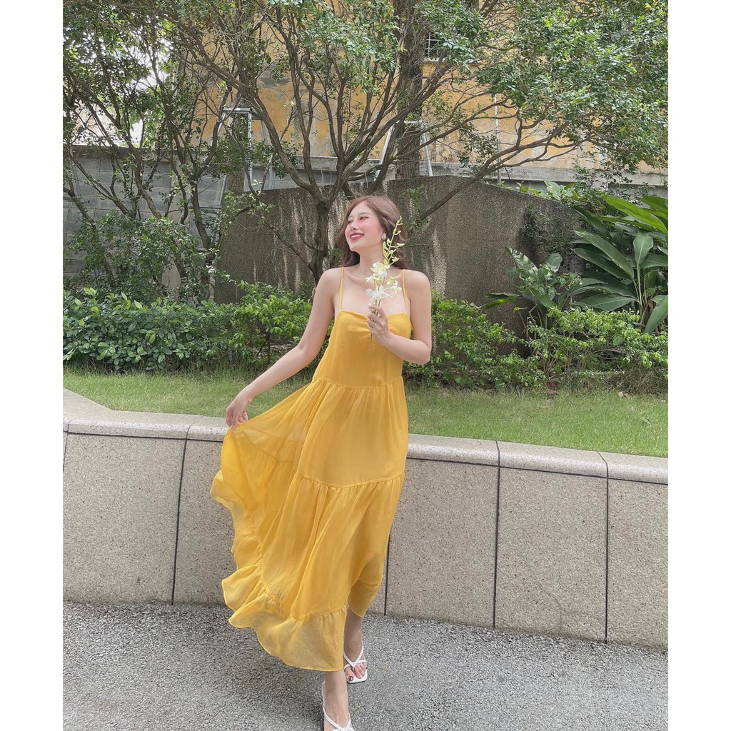 Đầm Maxi Hai Dây Đi Biển Màu Xanh Lá Form Dài