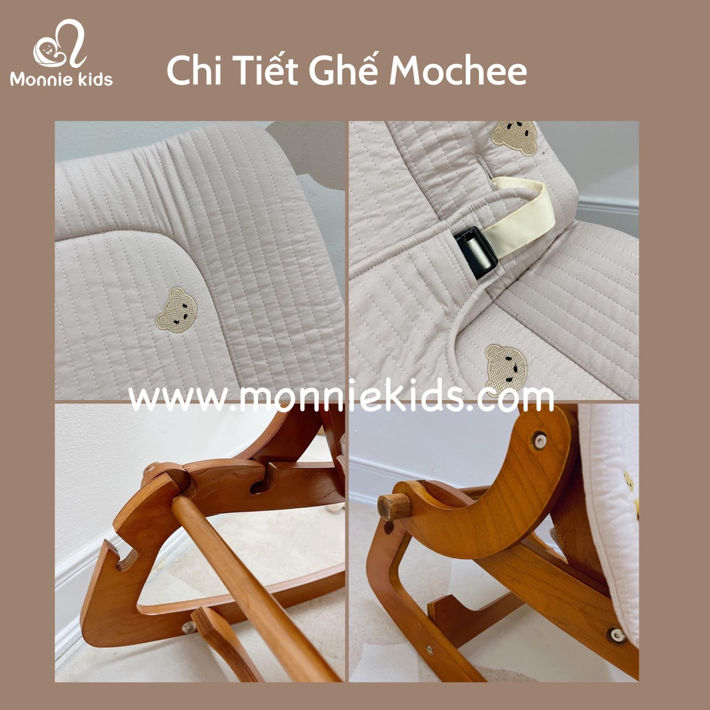 Ghế bập bênh cho bé Mochee , ghế bập bênh thân gỗ thêu gấu Rocking Chair - Monnie Kids