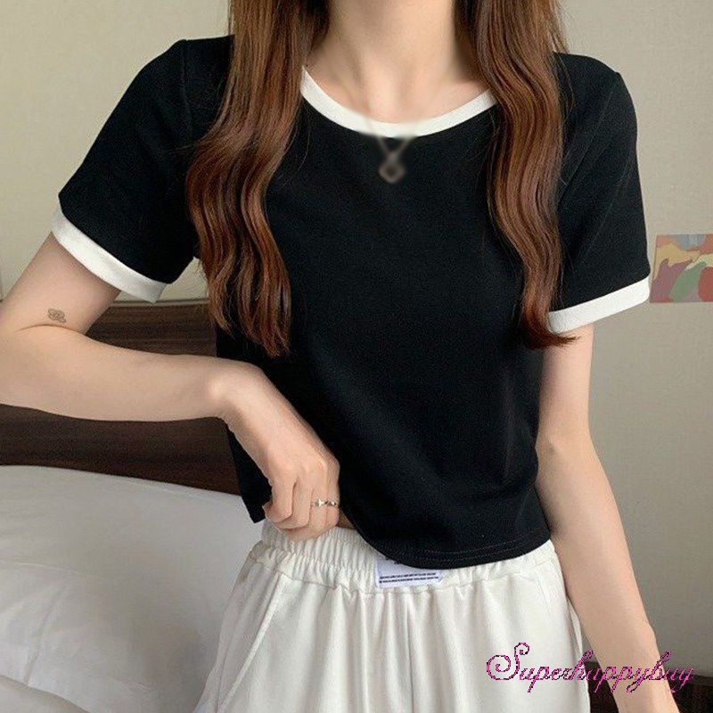 Áo Thun Ngắn Tay Cổ Tròn Màu Sắc Tương Phản Thời Trang Xuân Hè Cho Nữ