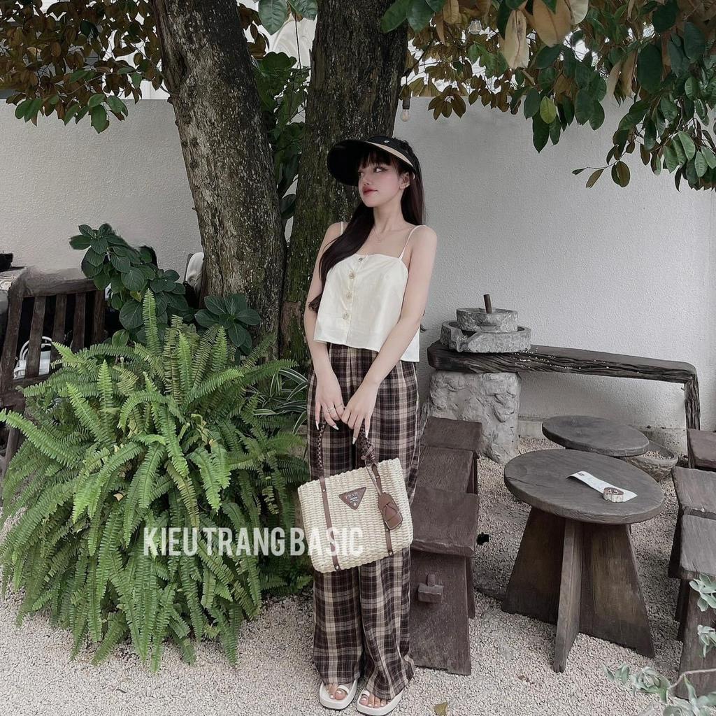 Set bộ đồ nữ 2 dây mix quần ống rộng sọc caro đơn giản, cá tính dành cho các nàng diện đi chơi xinh xắn