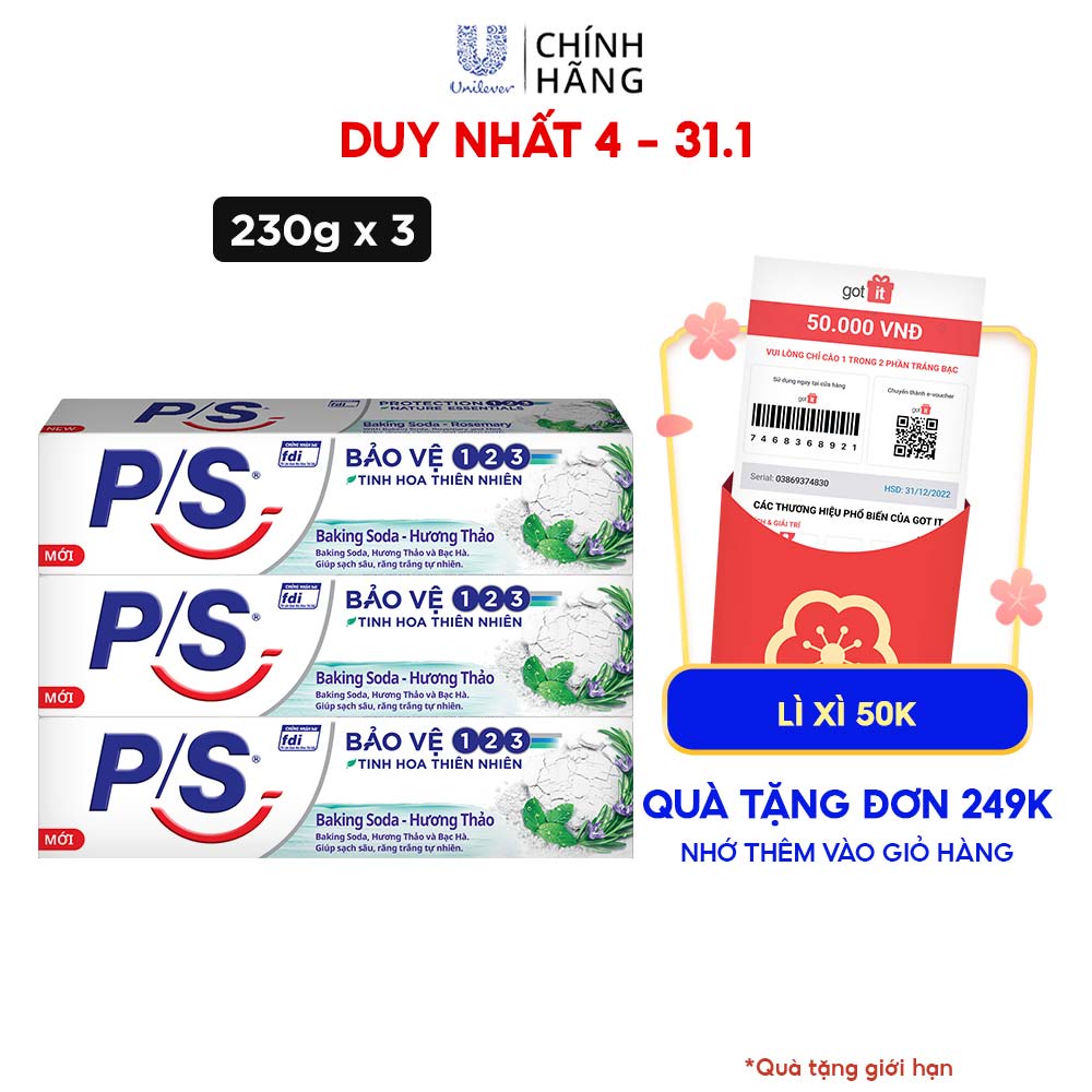 Bộ 3 Hộp Kem Đánh Răng P/S Thiên Nhiên Baking Soda - Hương Thảo Trắng Răng Tự Nhiên 230G