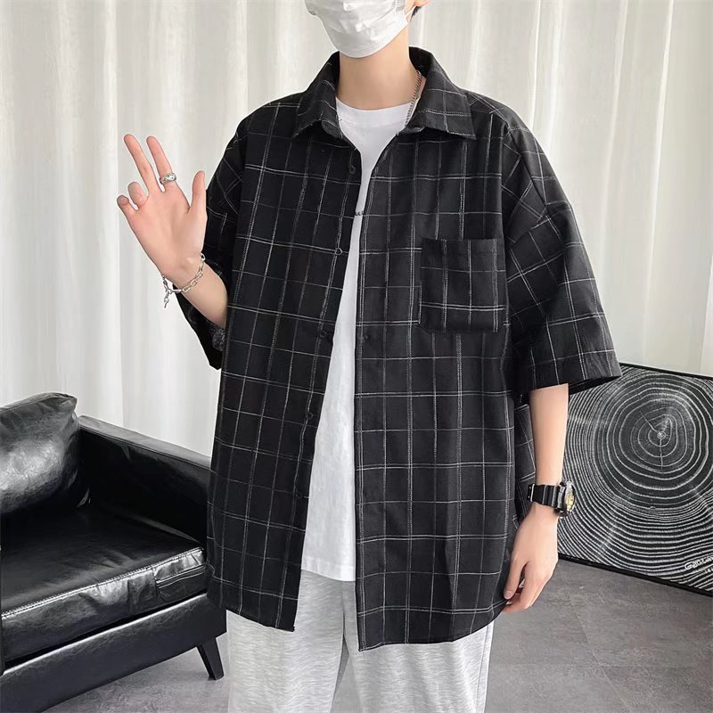 Áo Sơ Mi Caro Tay Ngắn Dáng Rộng Phong Cách Hàn Quốc Thời Trang Cho Nam