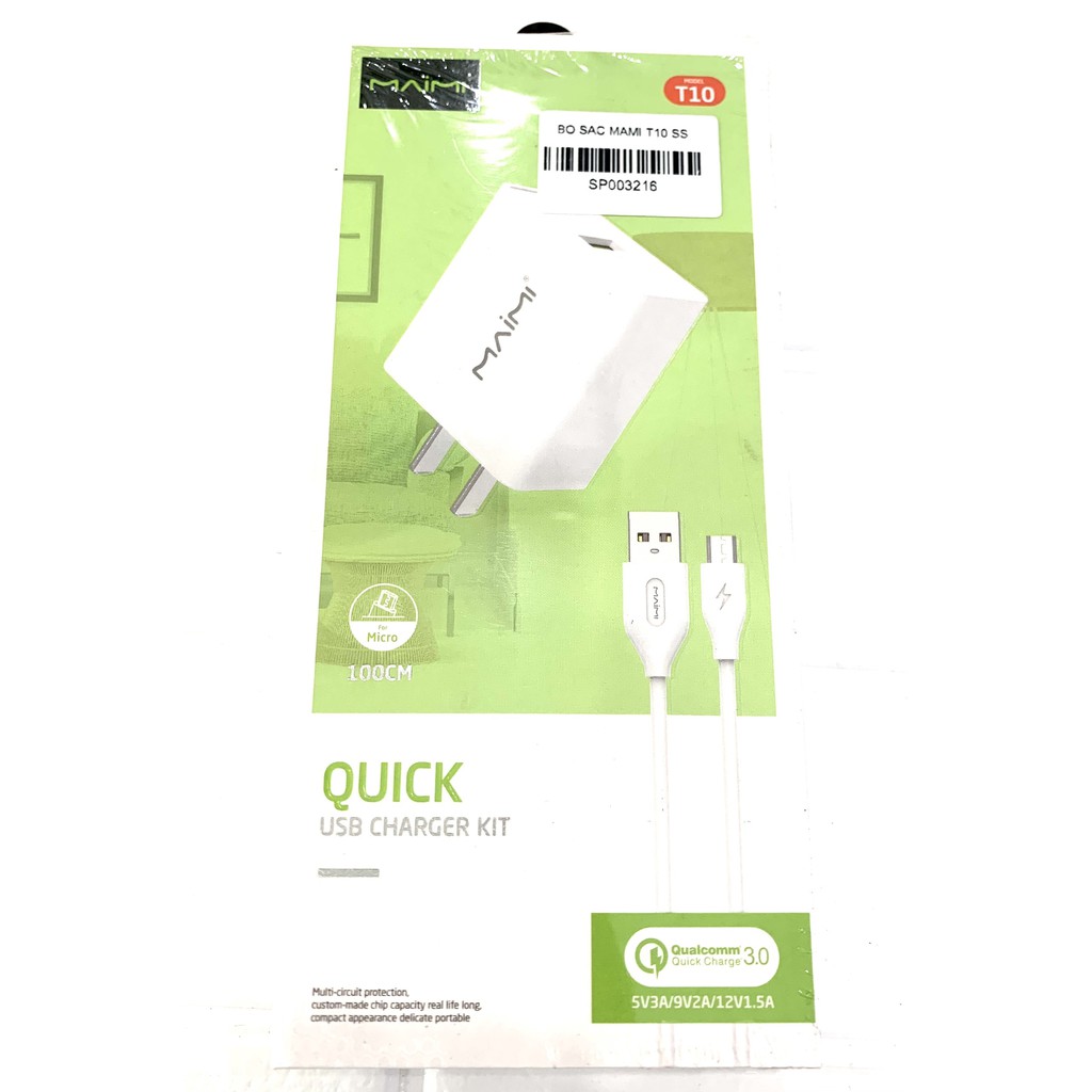 Bộ sạc mami T10 gồm 1 củ sạc và 1 dây sạc cho mọi loại điện thoại