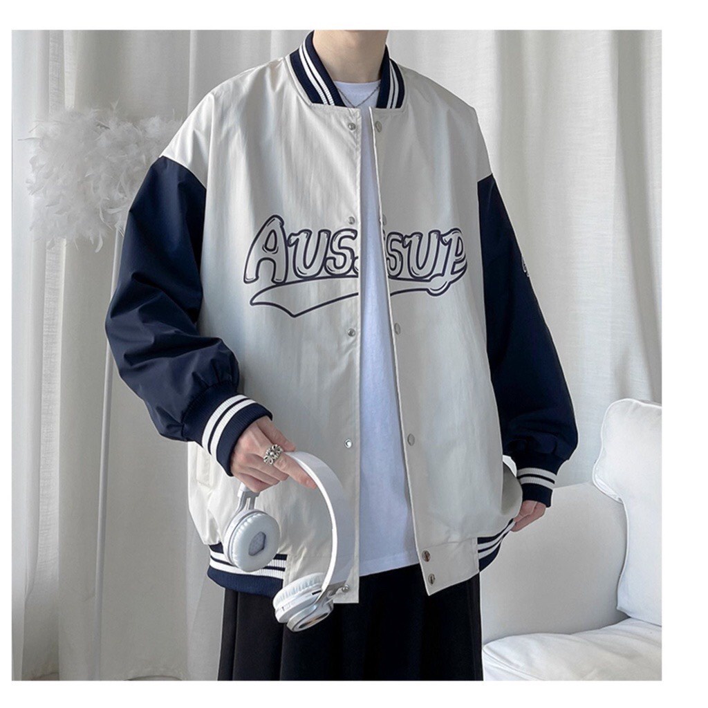 Áo Khoác Bomber Jacket Dù 2 Lớp AUSSUP Varsity Form Rộng Nam Nữ Unisex Phong Cách Hàn Quốc Ulzzang