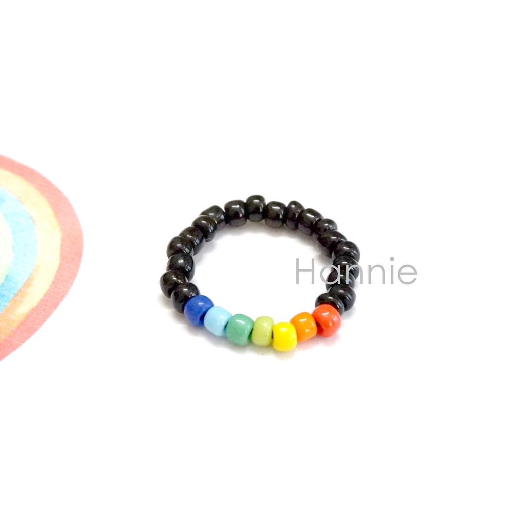 Set hạt cườm nhựa đen rainbow cầu vồng handmade - Combo vòng tay nhẫn dành cho nam nữ đơn giản